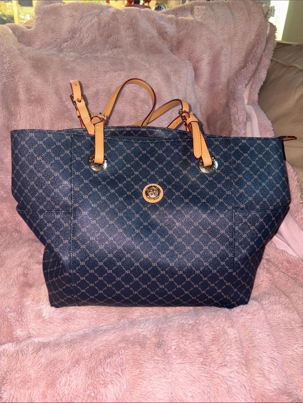 Rioni Navy Monogram Tote with Tan Handles